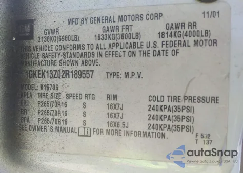 2002 GMC Yukon Sle z USA, uszkodzony, nr VIN 1GKEK13Z02R189557